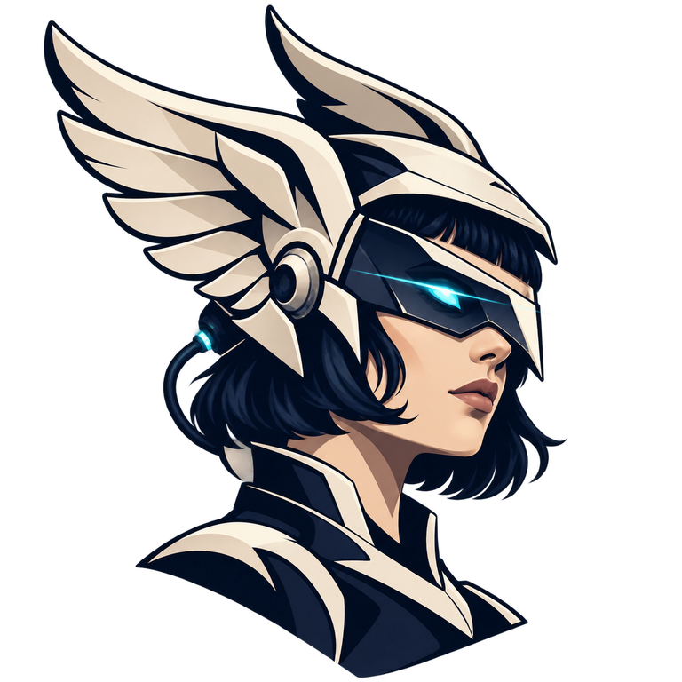 Hermes Helmet emblem: a dark-haired heroine wearing a futuristic winged helmet with a glowing cyan visor.